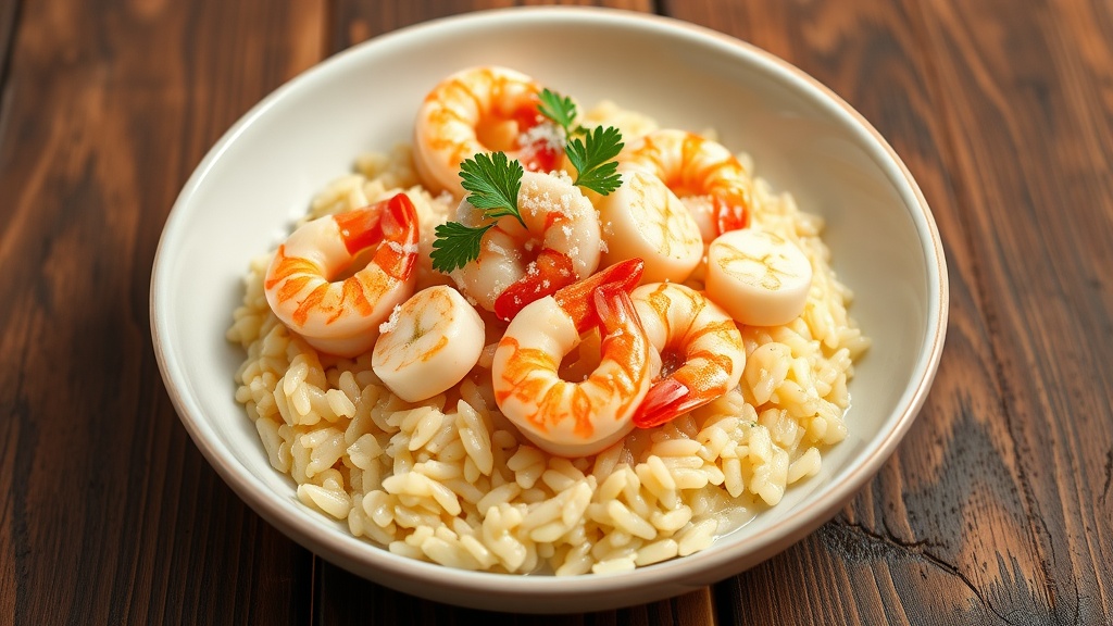 Creamy Seafood Risotto Recipe Creamy Seafood Risotto with shrimp and scallops garnished with parsley on a rustic table.